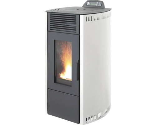 Pelletofen in Weiß und Schwarz mit Sichtfenster, brennender Flamme und digitalem Display auf der Oberseite.
