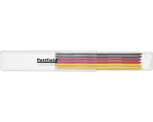 Graue, rote und gelbe Pattfield Ersatzminen für Tieflochmarker in einer Kunststoffbox mit Pattfield Logo.
