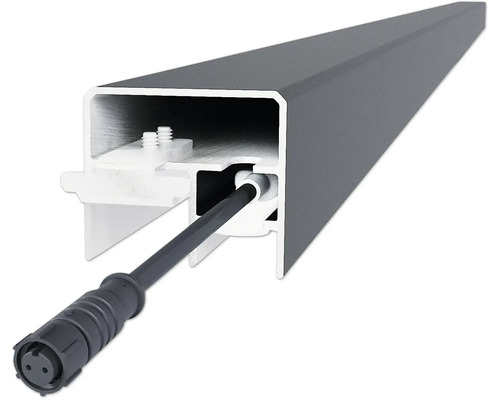 Schnittansicht eines anthrazitfarbenen Aluminiumprofils mit integriertem Anschlusskabel und Rundsteckverbinder.