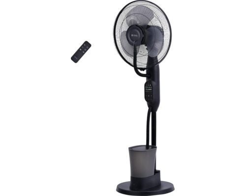 Schwarzer BE COOL Standventilator mit Sprühnebel-Funktion, Wassertank und Fernbedienung.
