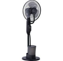 Schwarzer BE COOL Standventilator mit Sprühnebelfunktion, Wassertank und digitalem Bedienfeld.