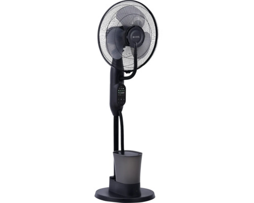 Schwarzer BE COOL Standventilator mit Sprühnebelfunktion, Wassertank und digitalem Bedienfeld.