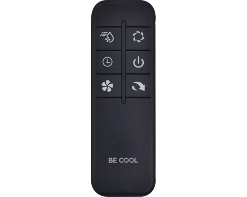 Fernbedienung für BE COOL Klimageräte mit Tasten für Power, Timer, Ventilator und Betriebsmodi. BE COOL Logo.