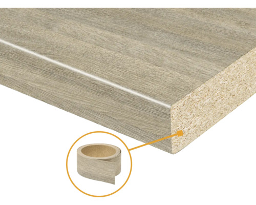 Küchenarbeitsplatte mit Spanplattenkern und Holzdekor sowie passender Kantenumleimer.