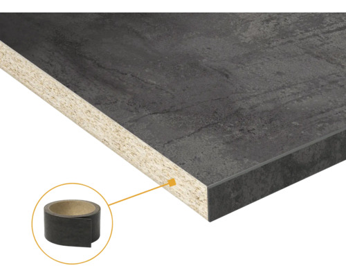 Küchenarbeitsplatte in Steinoptik mit Spanplattenkern und passendem Kantenband zur Kantenversiegelung.