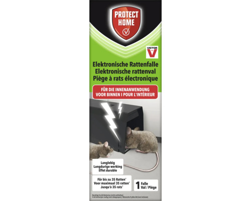 Elektronische Rattenfalle von Protect Home und Victor für Innenräume für bis zu 35 Ratten mit Protect Home Logo und Victor Logo.