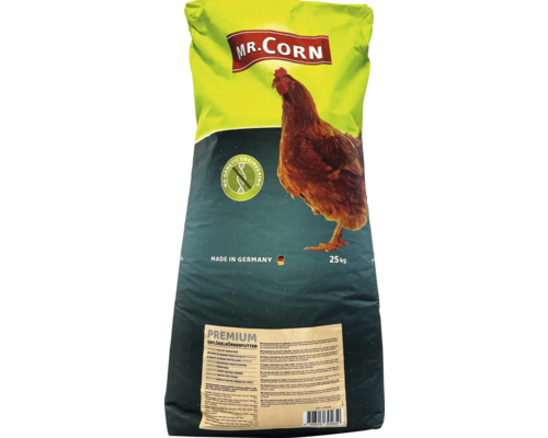 25 Kilogramm Sack MR. CORN Premium Geflügelkörnerfutter mit Abbildung eines Huhns und Ohne Gentechnik Siegel.