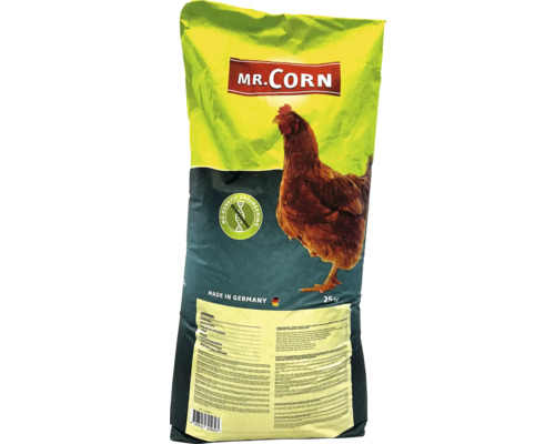 MR.CORN Legemehl 25 kg Sack für Hühner, ohne Gentechnik, hergestellt in Deutschland, mit Abbildung einer Henne.