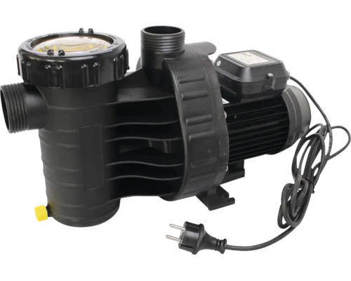 Elektrische Poolpumpe aus Kunststoff mit integriertem Vorfilter und Netzstecker für die Wasserzirkulation im Schwimmbecken.