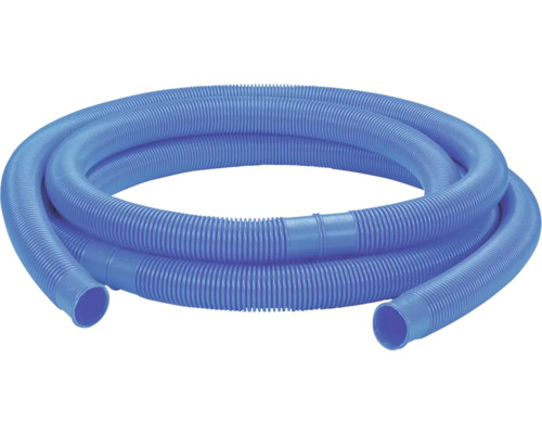 Blauer, flexibler, geriffelter Poolschlauch aus Kunststoff, aufgerollt.