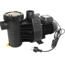 Schwimmbadpumpe aus Kunststoff mit integriertem Vorfilter und Stromkabel.