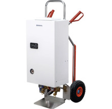 Mobiler Elektro-Heizkessel Kospel auf einer Sackkarre mit digitalem Display, Manometer, Armaturen und Kospel Logo.