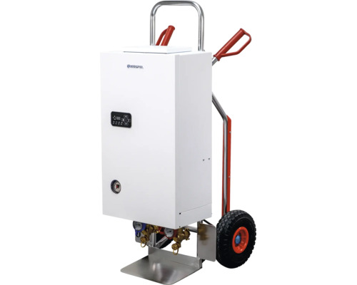 Mobiler Elektro-Heizkessel Kospel auf einer Sackkarre mit digitalem Display, Manometer, Armaturen und Kospel Logo.