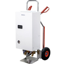 Mobile elektrische Zentralheizung Kospel auf Sackkarre mit digitalem Display, Manometer und Messinganschlüssen.