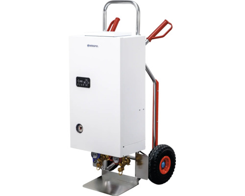 Mobile elektrische Zentralheizung Kospel auf Sackkarre mit digitalem Display, Manometer und Messinganschlüssen.