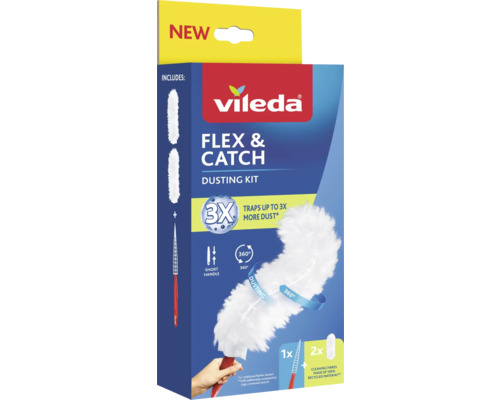 Vileda Flex & Catch Staubwischer Set mit kurzem Griff und zwei Staubwedeln aus recycelten Fasern für 360 Grad Reinigung.