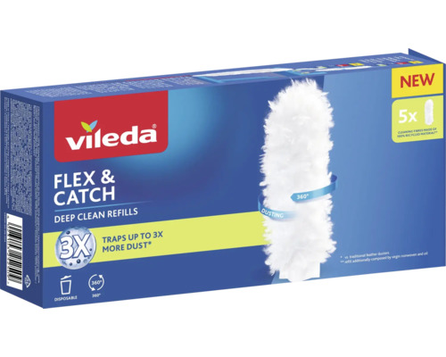 Vileda Flex und Catch Staubwedel-Ersatzbezüge, 5 Stück, 360 Grad Staubaufnahme, Fasern aus 100 Prozent recyceltem Material.