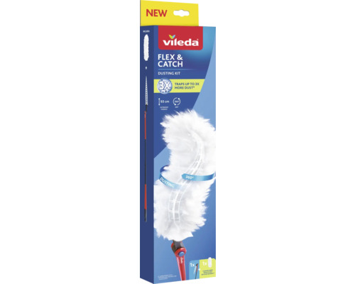 Vileda Logo. Flex und Catch Staubwedel-Set mit 93 Zentimeter Teleskopgriff, flexiblem Kopf und 360 Grad Fasern aus Recyclingmaterial.