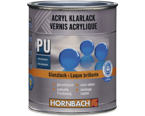 HORNBACH Acryl Klarlack glänzend 125 ml Hornbach Acryl Klarlack PU, glänzend, geruchsarm, schnelltrocknend, extra kratzfest, zertifiziert mit dem Umweltsiegel Der Blaue Engel. Hornbach Logo.