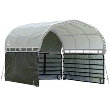 ShelterLogic Weidezelt mit Runddach, Metallrahmen und Planenwänden für Weidetiere oder Lagerung.