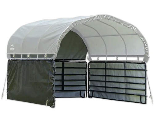 ShelterLogic Weidezelt mit Runddach, Metallrahmen und Planenwänden für Weidetiere oder Lagerung.