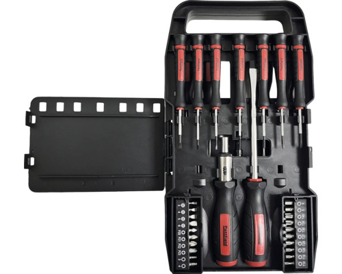 Pattfield Schraubendreher- und Bit-Set im schwarzen Kunststoffkoffer, inklusive Feinmechanik-Schraubendreher, Bithalter und diversen Bits.