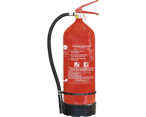 Roter Schaum-Feuerlöscher 9 Liter mit schwarzem Schlauch und Manometer.