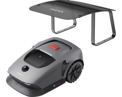 Mova Mähroboter mit passender Garage, graues Gehäuse mit roter Stopp-Taste und schwarzen Profilrädern.