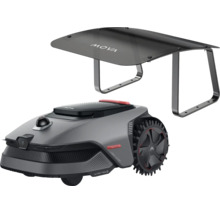 Grauer und schwarzer Mova Mähroboter mit passender Garagenüberdachung.