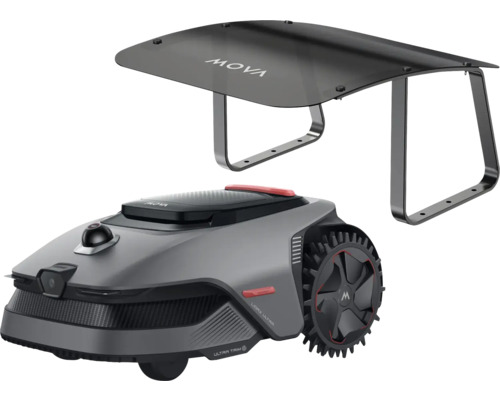 Grauer und schwarzer Mova Mähroboter mit passender Garagenüberdachung.