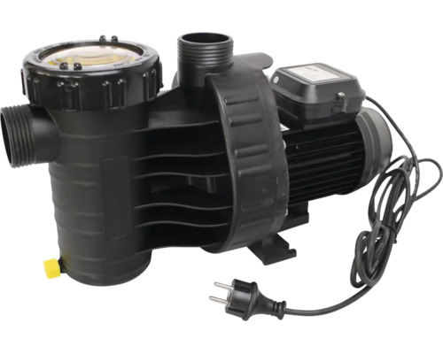 Schwarze Poolpumpe mit Vorfilter, transparentem Deckel und Netzkabel mit Stecker.