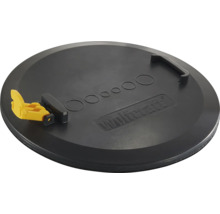 Wolfcraft Bohrschablone für Hohlwanddosen aus schwarzem Kunststoff mit gelbem Spannhebel, Griff und Wolfcraft Logo.