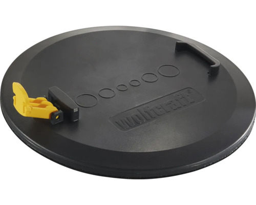 Wolfcraft Bohrschablone für Hohlwanddosen aus schwarzem Kunststoff mit gelbem Spannhebel, Griff und Wolfcraft Logo.