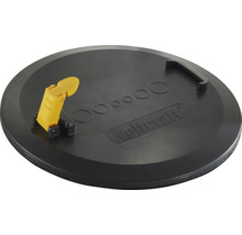 Runde schwarze Kunststoffplatte von Wolfcraft mit gelbem Klemmhebel, festem Griff, kreisförmigen Markierungen und Wolfcraft Logo.