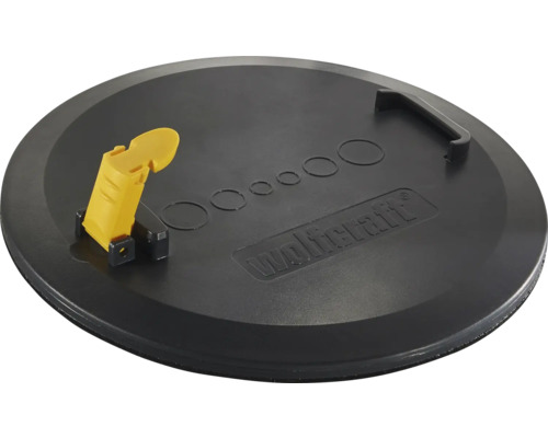 Runde schwarze Kunststoffplatte von Wolfcraft mit gelbem Klemmhebel, festem Griff, kreisförmigen Markierungen und Wolfcraft Logo.