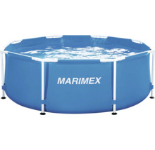 Runder Marimex Aufstellpool mit weißem Metallrahmen und blauer Poolfolie, gefüllt mit Wasser.