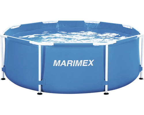 Runder Marimex Aufstellpool mit weißem Metallrahmen und blauer Poolfolie, gefüllt mit Wasser.