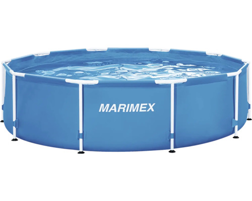 Marimex Rahmenpool, rund, blau mit weißem Metallrahmen, mit Wasser gefüllt.