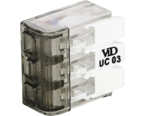 Transparente Verbindungsklemme ViD UC 03, 3-polig, Kunststoffgehäuse für Elektroinstallationen.
