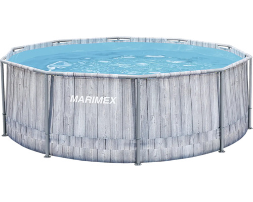 Runder Marimex Rahmenpool mit Außenwand in Holzoptik und sichtbarem Metallgestell, gefüllt mit Wasser.