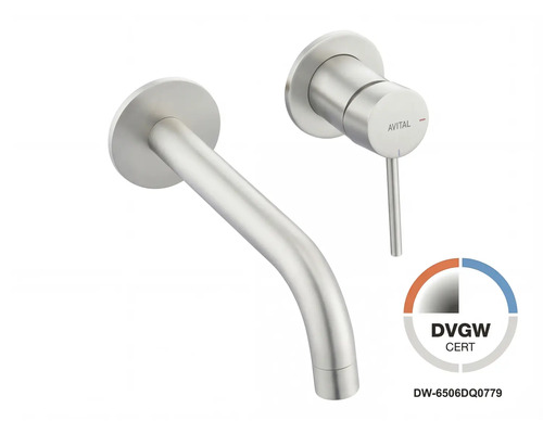 Avital Unterputz-Waschtischarmatur in Edelstahl-Optik gebürstet mit separatem Auslauf und Hebel, DVGW-zertifiziert.