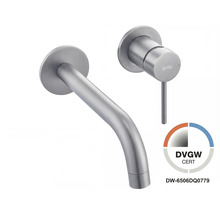 Wand-Waschtischarmatur Avital mit Auslauf und Hebel, Edelstahl-Optik, DVGW zertifiziert, Avital Logo.