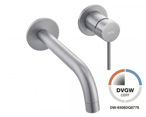 Wand-Waschtischarmatur Avital mit Auslauf und Hebel, Edelstahl-Optik, DVGW zertifiziert, Avital Logo.