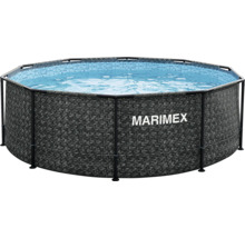 Runder Marimex Rahmenpool in dunkler Rattan-Optik mit blau gemusterter Innenfolie und schwarzem Metallgestell.