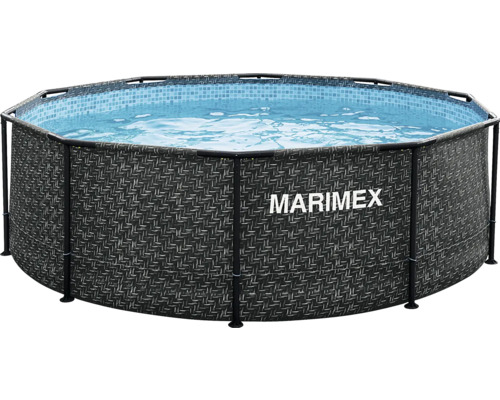 Runder Marimex Rahmenpool in dunkler Rattan-Optik mit blau gemusterter Innenfolie und schwarzem Metallgestell.