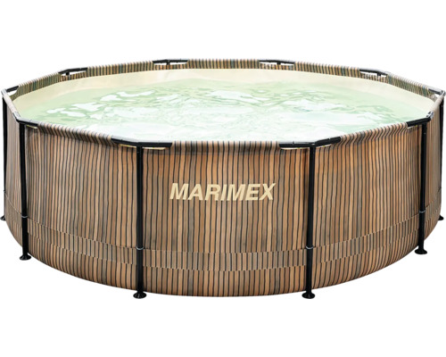 Marimex Aufstellpool, rund, Außenwand in Holzoptik, befüllt mit Wasser.