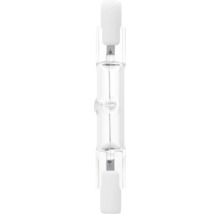 Halogenstab R7s aus klarem Glas mit Keramiksockel und sichtbarem Glühdraht.