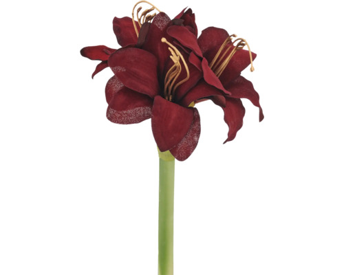 Künstliche Amaryllis mit dunkelroten Blüten aus Textil und grünem Stiel.