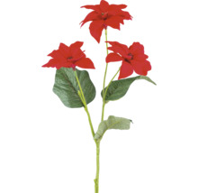 Künstlicher Weihnachtsstern-Zweig mit drei roten Blüten und grünen Blättern.