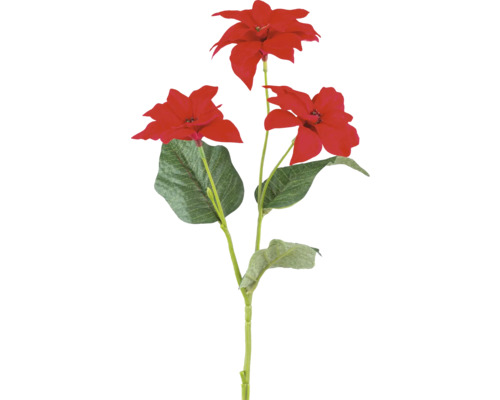 Künstlicher Weihnachtsstern-Zweig mit drei roten Blüten und grünen Blättern.